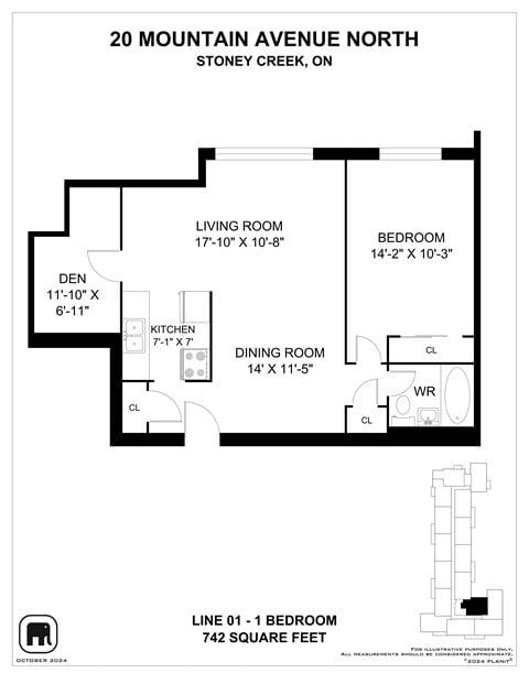 Floor plan for 1 bed, 1 bath, 742 sqft